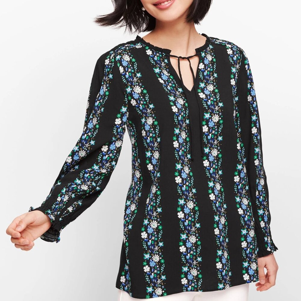 Talbots Women's Size M Dark Floral Striped Smocked Black Blouse